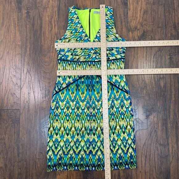 Andrew Marc New York Mini Dress 6 Bright Green Blue Sleeveless V-Neck Women's - Picture 7 of 11